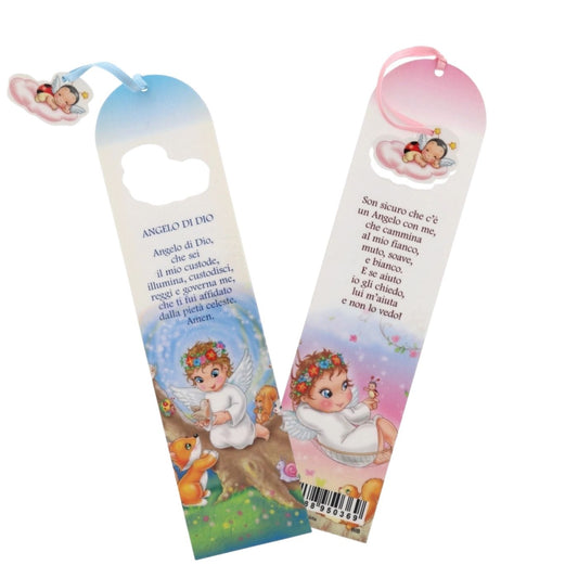 Segnalibro rosa o celeste con preghiera dell' Angelo di Dio. Dimensioni 5,5 x 22,4 cm