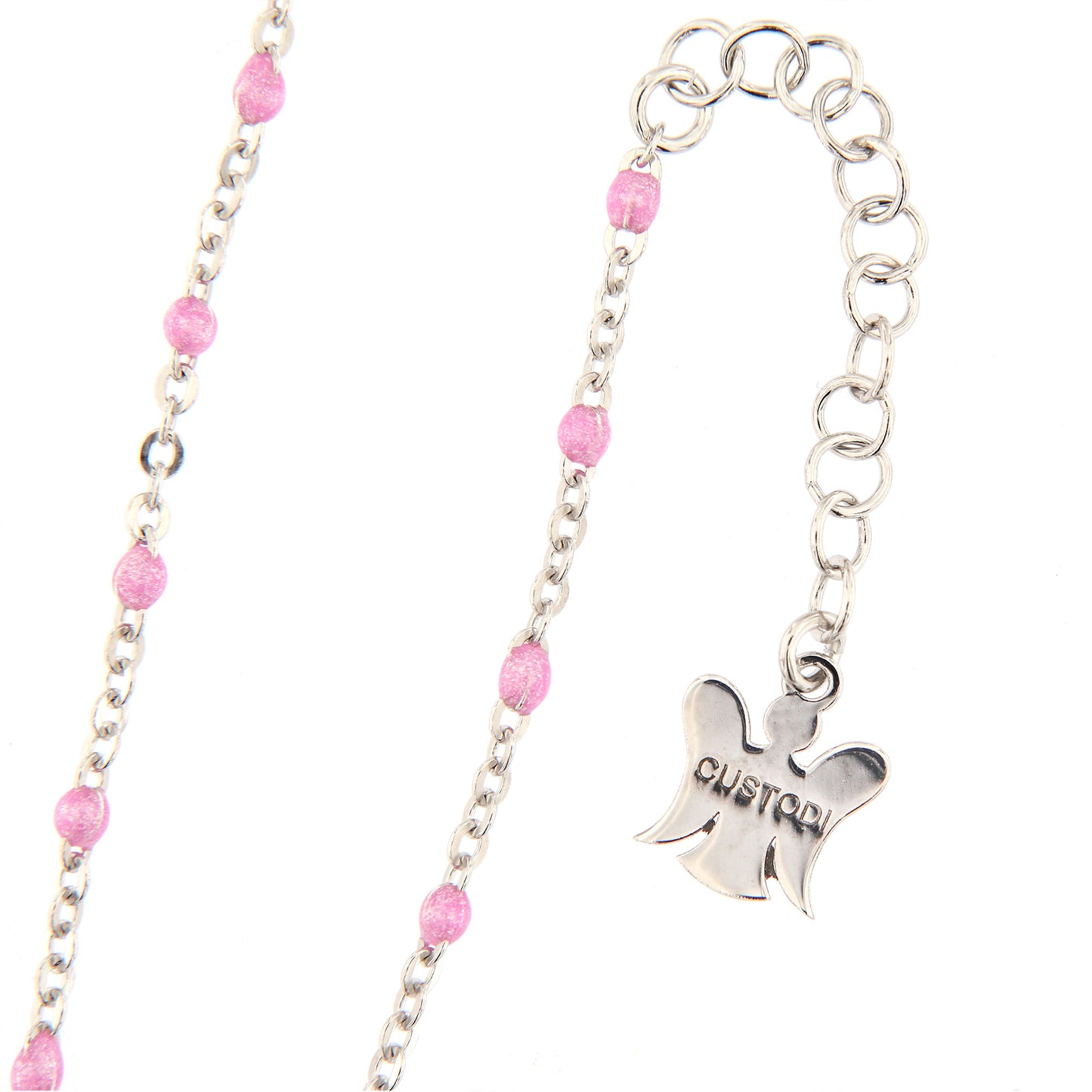 Bracciale bimba in argento 925 con elementi smaltati rosa. Lunghezza 13+3 cm