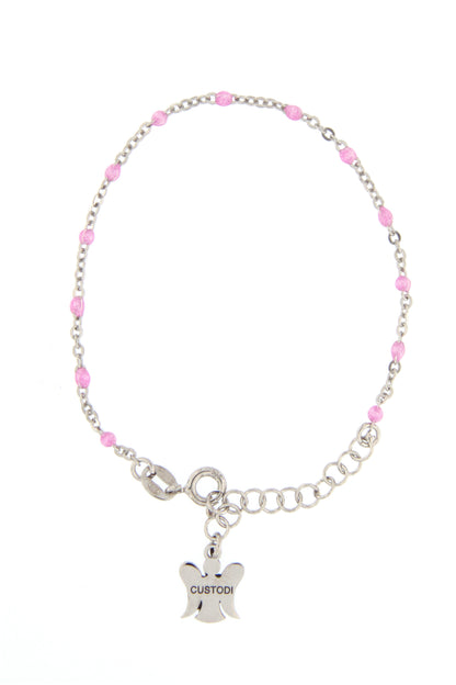 Bracciale bimba in argento 925 con elementi smaltati rosa. Lunghezza 13+3 cm
