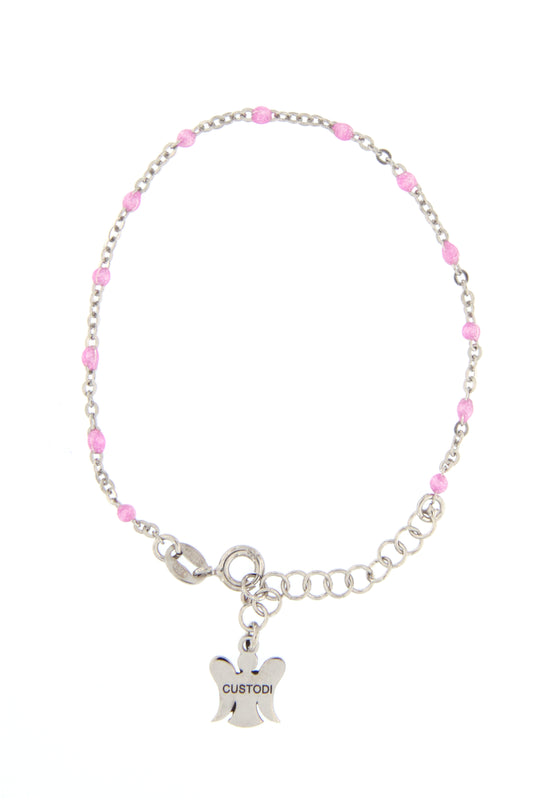 Bracciale bimba in argento 925 con elementi smaltati rosa. Lunghezza 13+3 cm