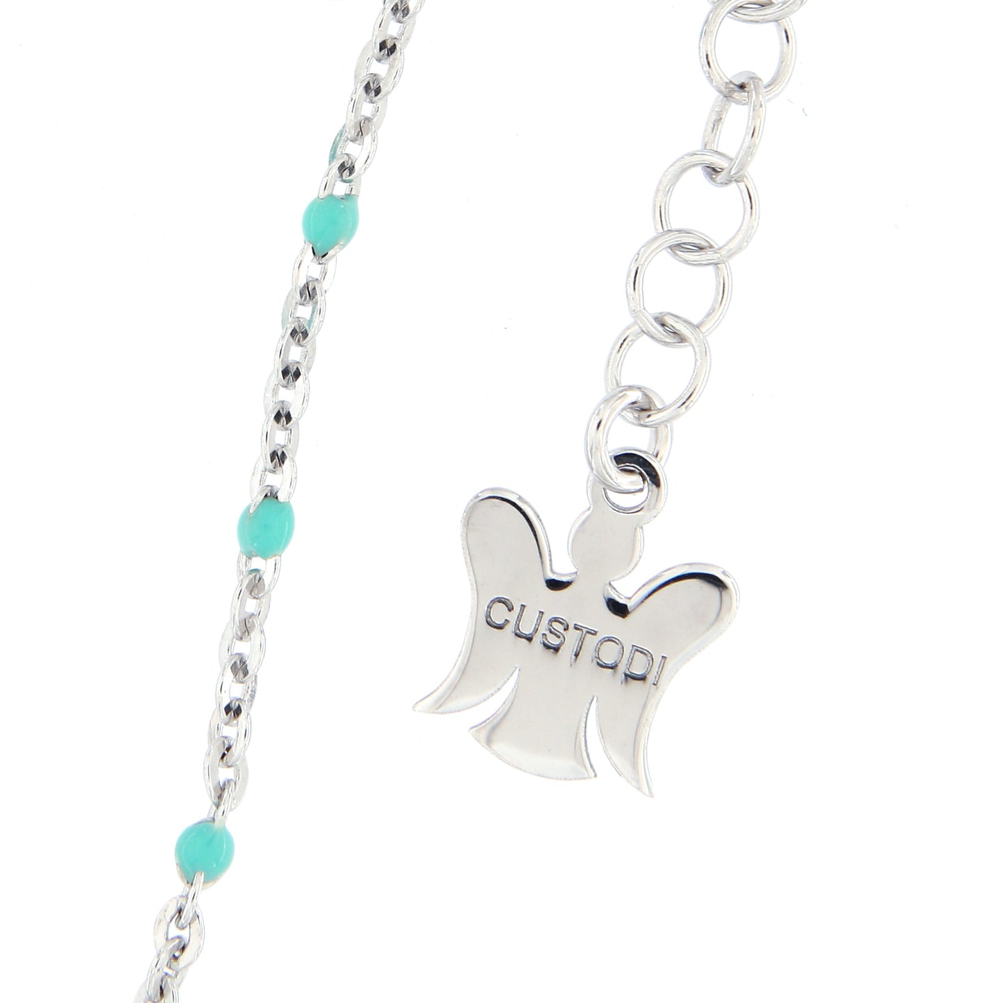 Catenina bimbo in argento 925 con elementi smaltati celesti. Lunghezza 31,5+2 cm