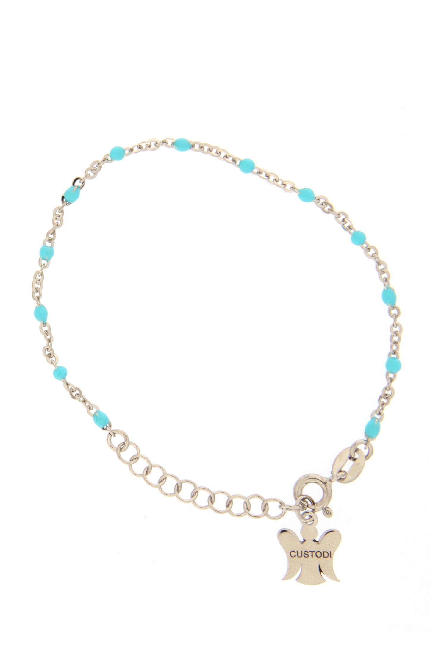 Bracciale bimbo in argento 925 con elementi smaltati celesti. Lunghezza 13+3 cm