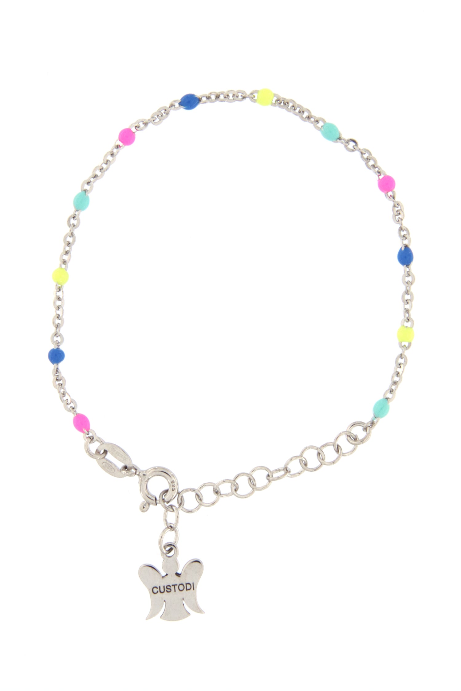 Bracciale bimbo/bimba in argento 925 con elementi smaltati colorati fluo. Lunghezza 13+3 cm