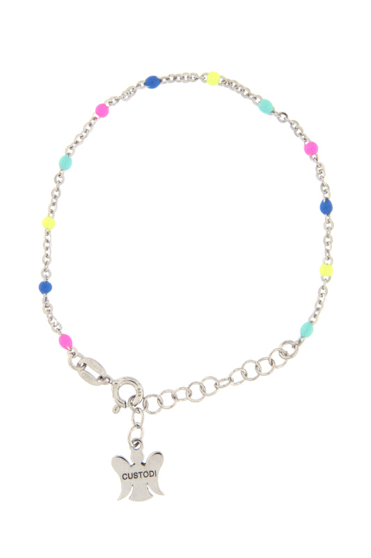Bracciale bimbo/bimba in argento 925 con elementi smaltati colorati fluo. Lunghezza 13+3 cm