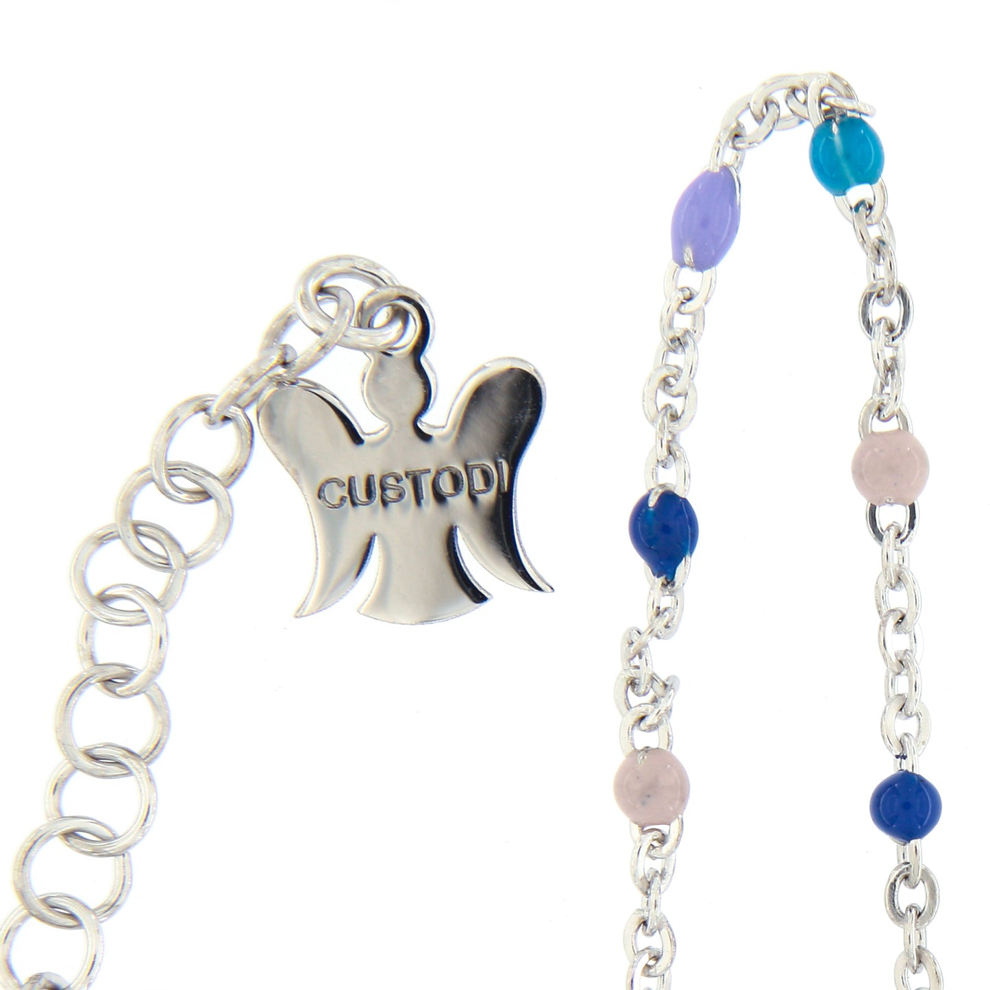Bracciale bimbo/bimba in argento 925 con elementi smaltati colorati pastello. Lunghezza 16+3 cm