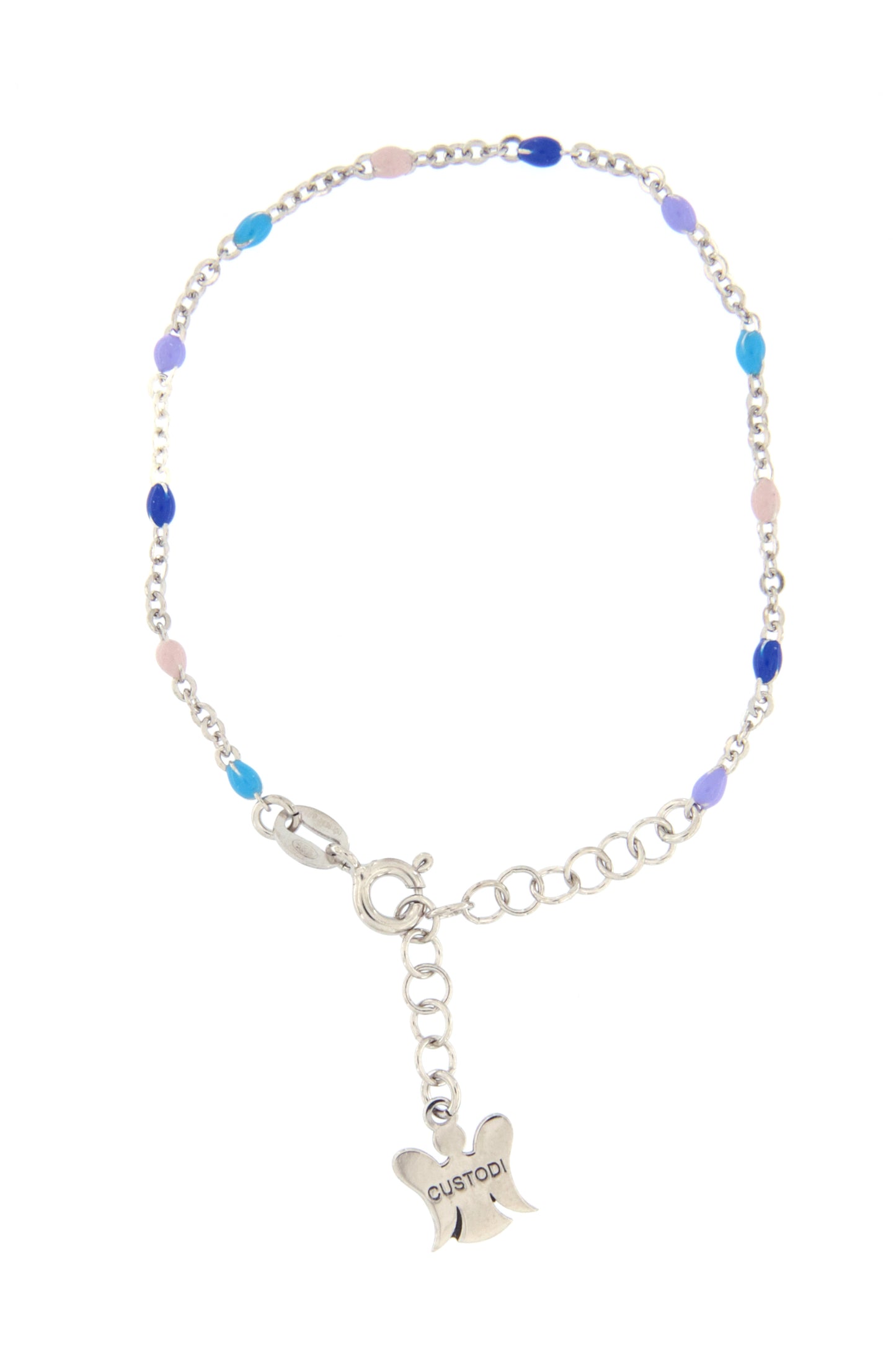 Bracciale bimbo/bimba in argento 925 con elementi smaltati colorati pastello. Lunghezza 16+3 cm