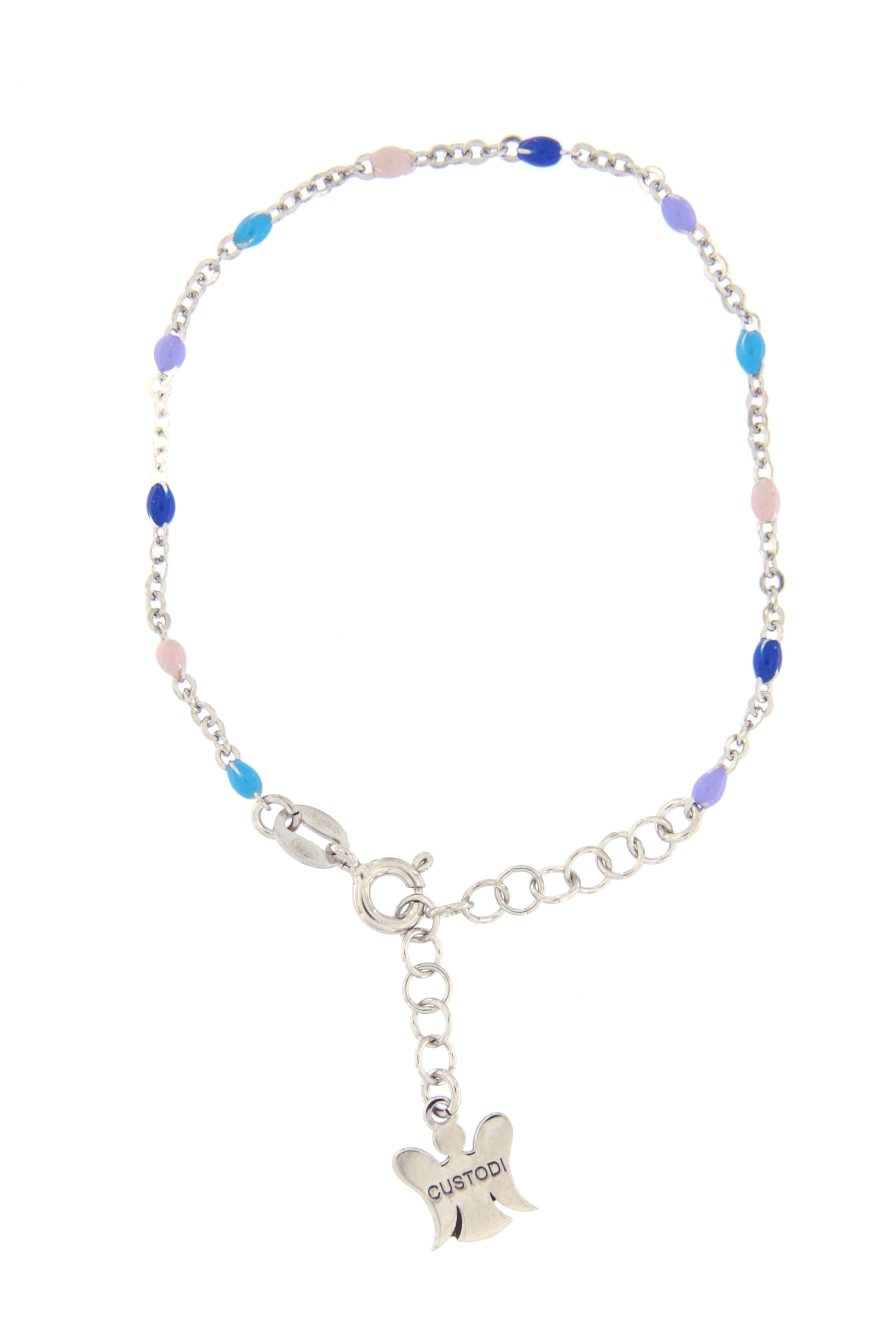Bracciale bimbo/bimba in argento 925 con elementi smaltati colorati pastello. Lunghezza 16+3 cm