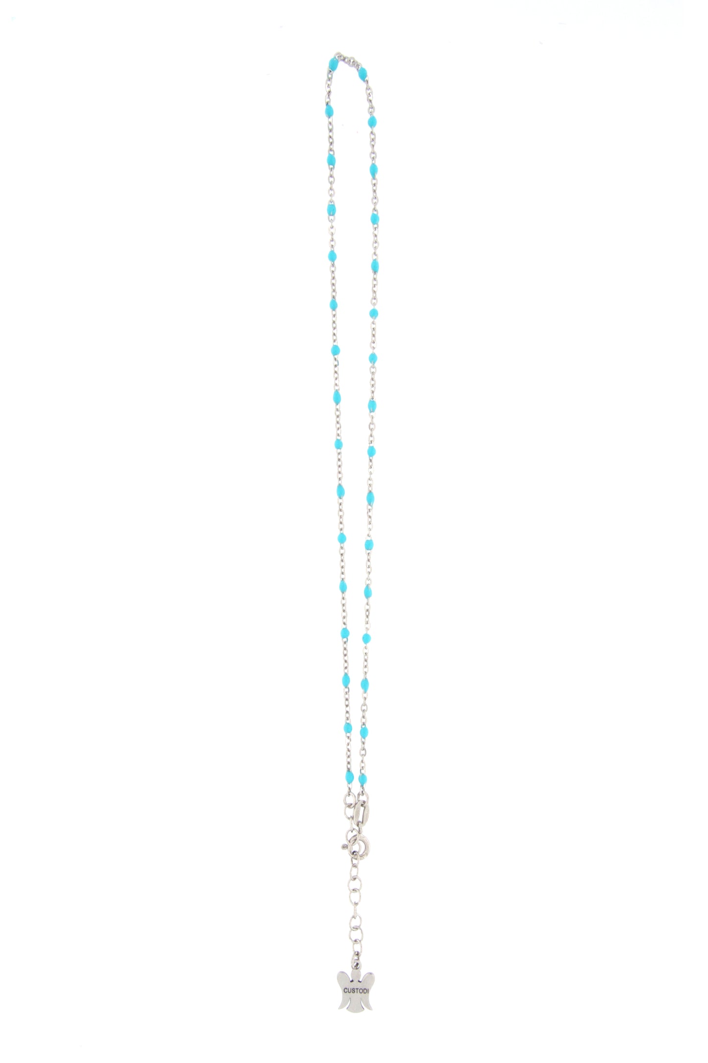 Catenina bimbo in argento 925 con elementi smaltati celesti. Lunghezza 31,5+2 cm