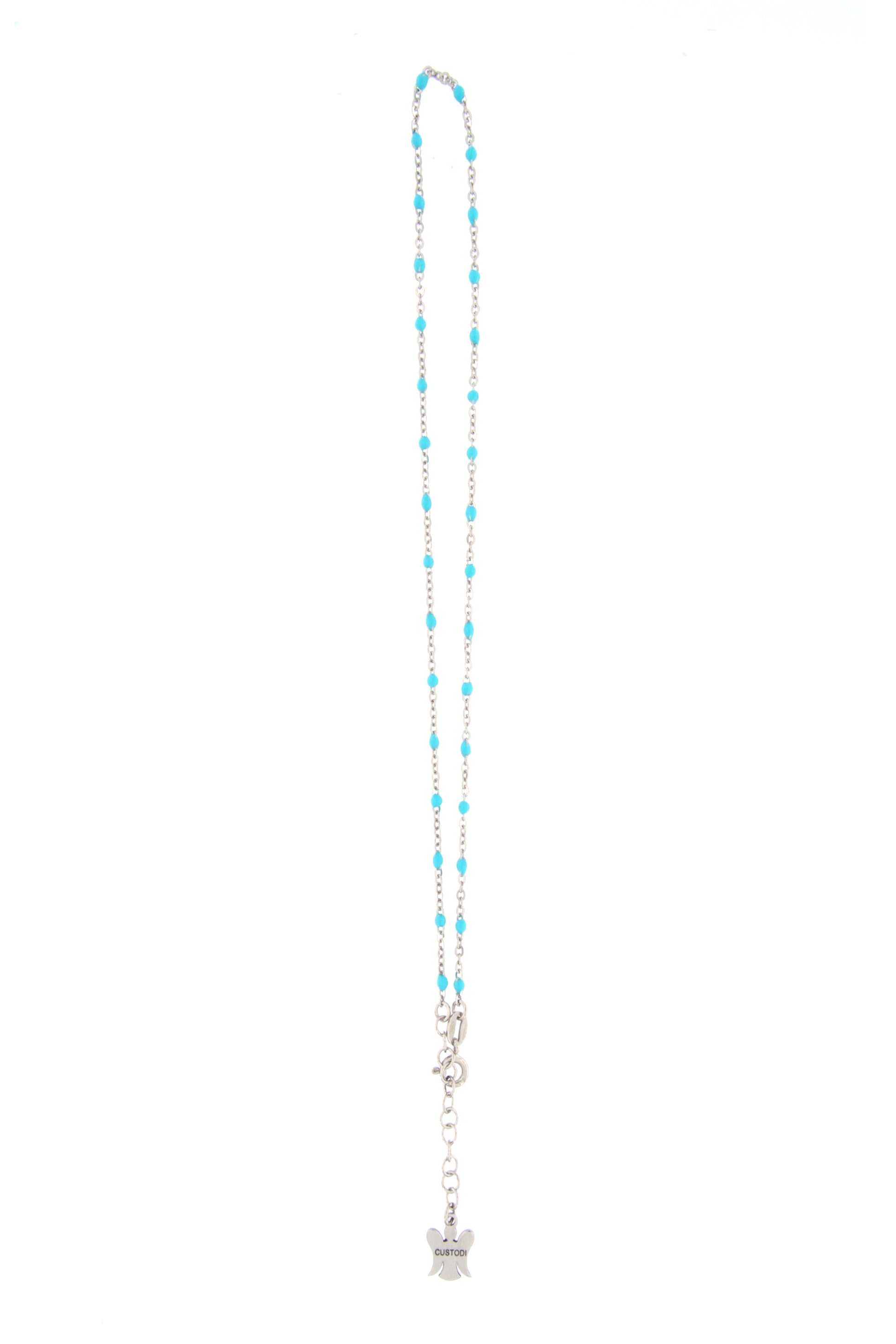 Catenina bimbo in argento 925 con elementi smaltati celesti. Lunghezza 31,5+2 cm