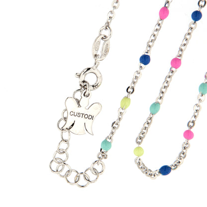 Bracciale bimbo/bimba in argento 925 con elementi smaltati colorati fluo. Lunghezza 13+3 cm