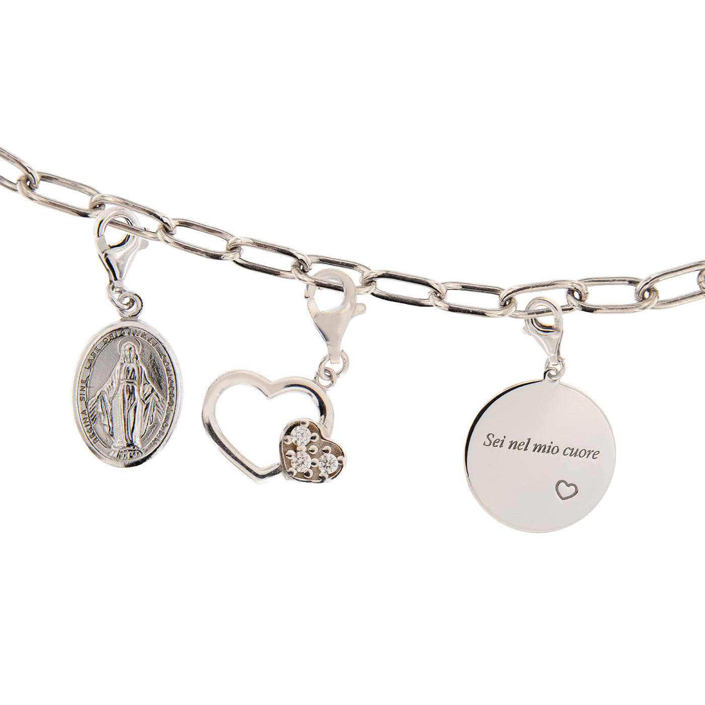 Ciondolo con incisione "Sei nel mio cuore" in argento 925. Diametro 2 cm