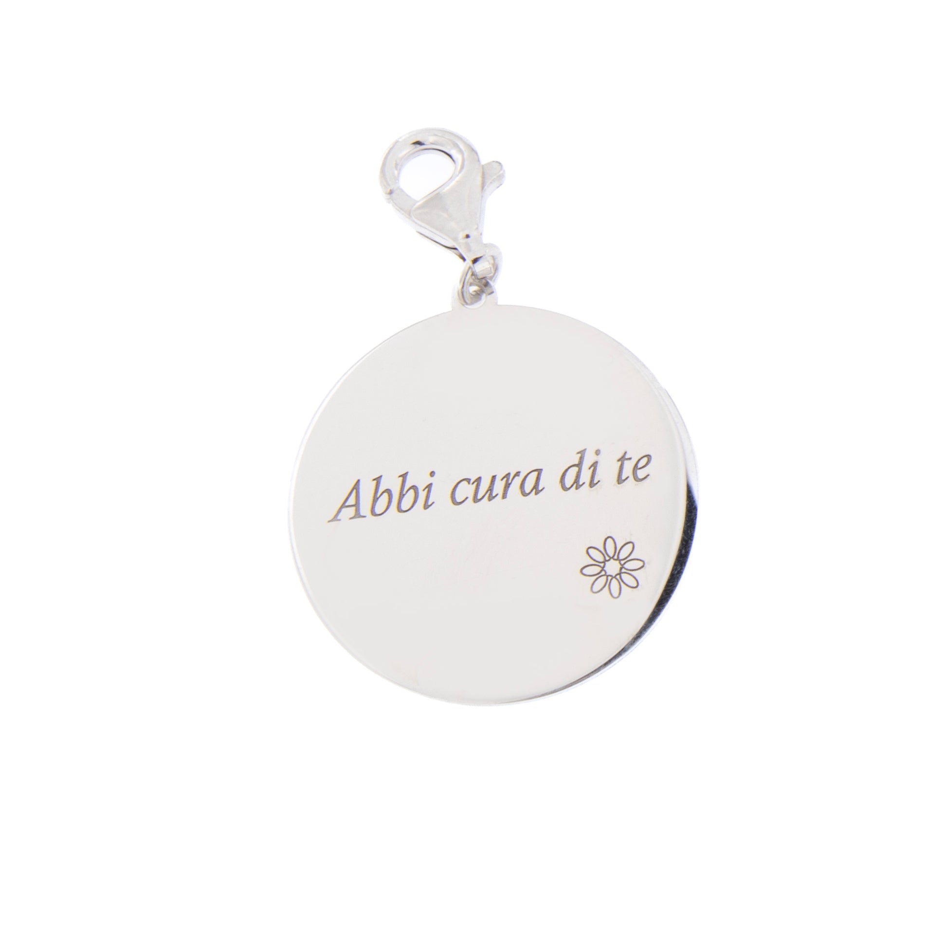 Ciondolo con incisione "Abbi cura di te" in argento 925. Diametro 2 cm