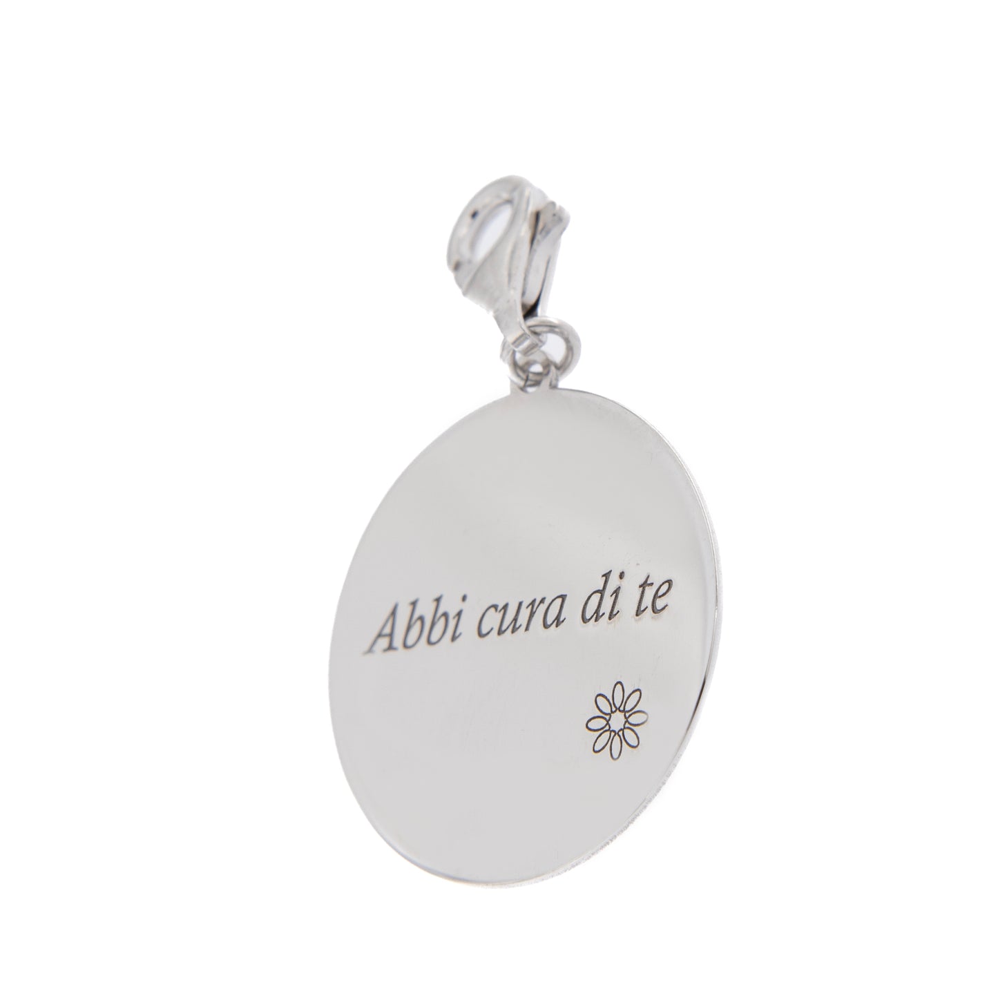 Ciondolo con incisione "Abbi cura di te" in argento 925. Diametro 2 cm