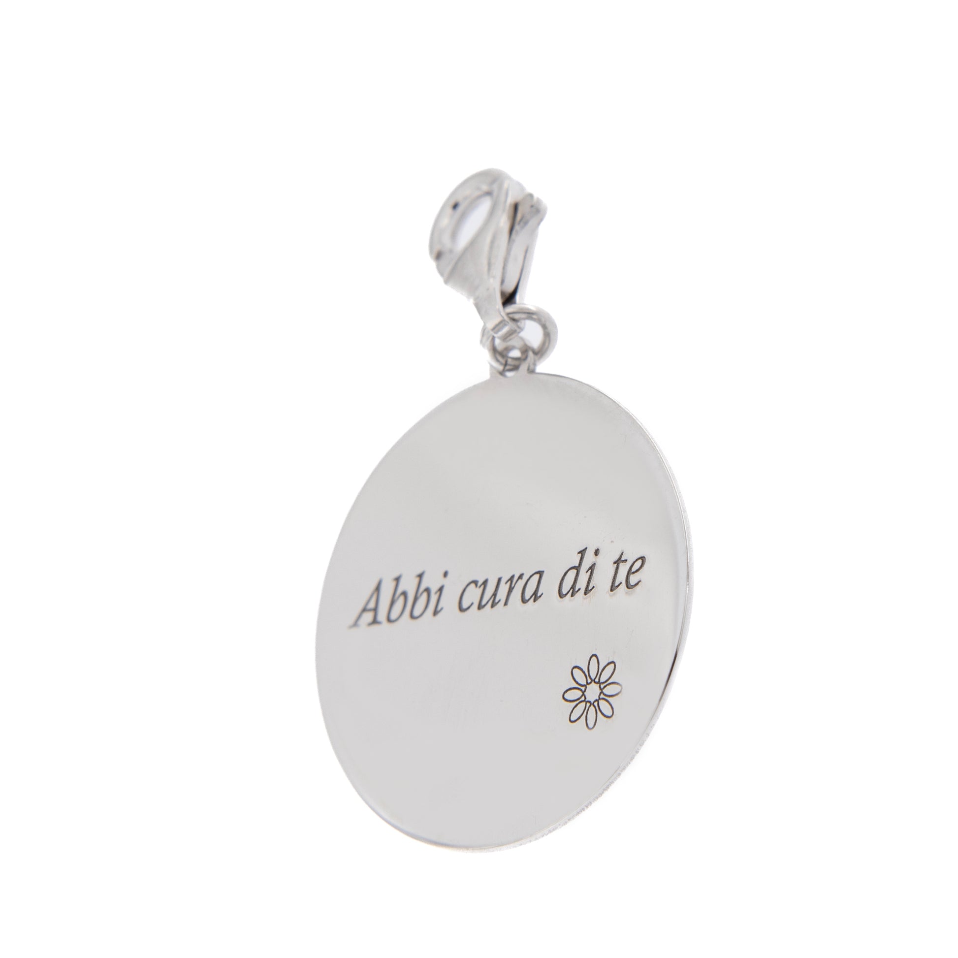 Ciondolo con incisione "Abbi cura di te" in argento 925. Diametro 2 cm