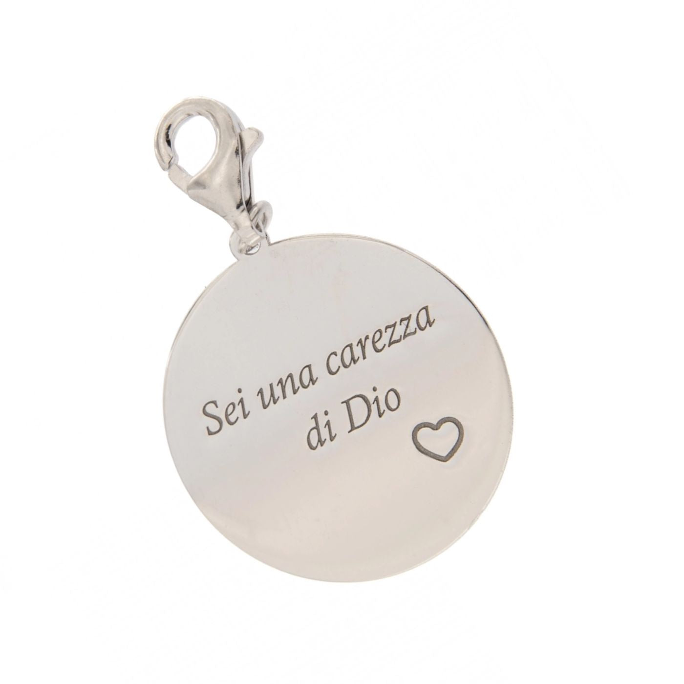 Ciondolo con incisione "Sei una carezza di Dio" in argento 925. Diametro 2 cm