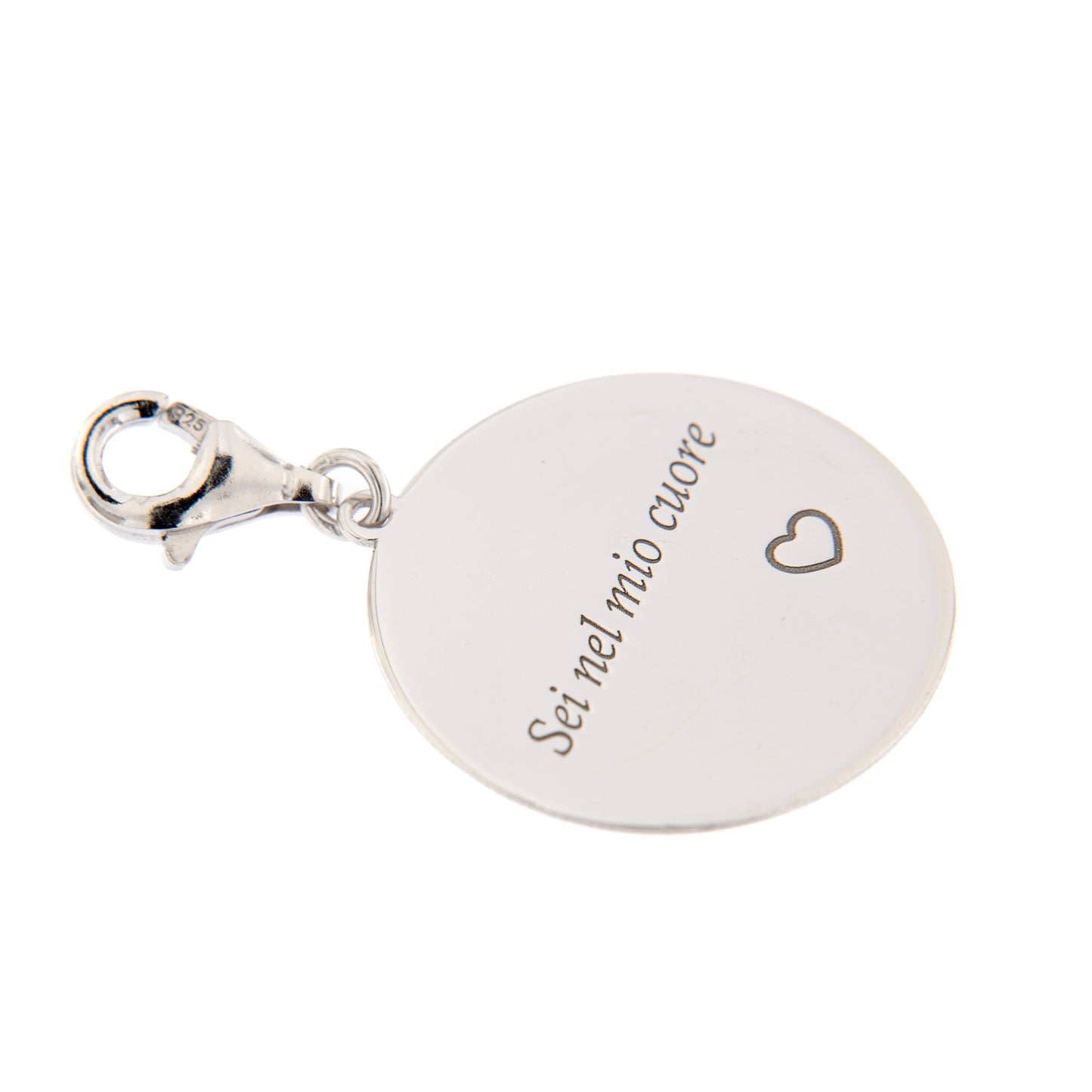 Ciondolo con incisione "Sei nel mio cuore" in argento 925. Diametro 2 cm