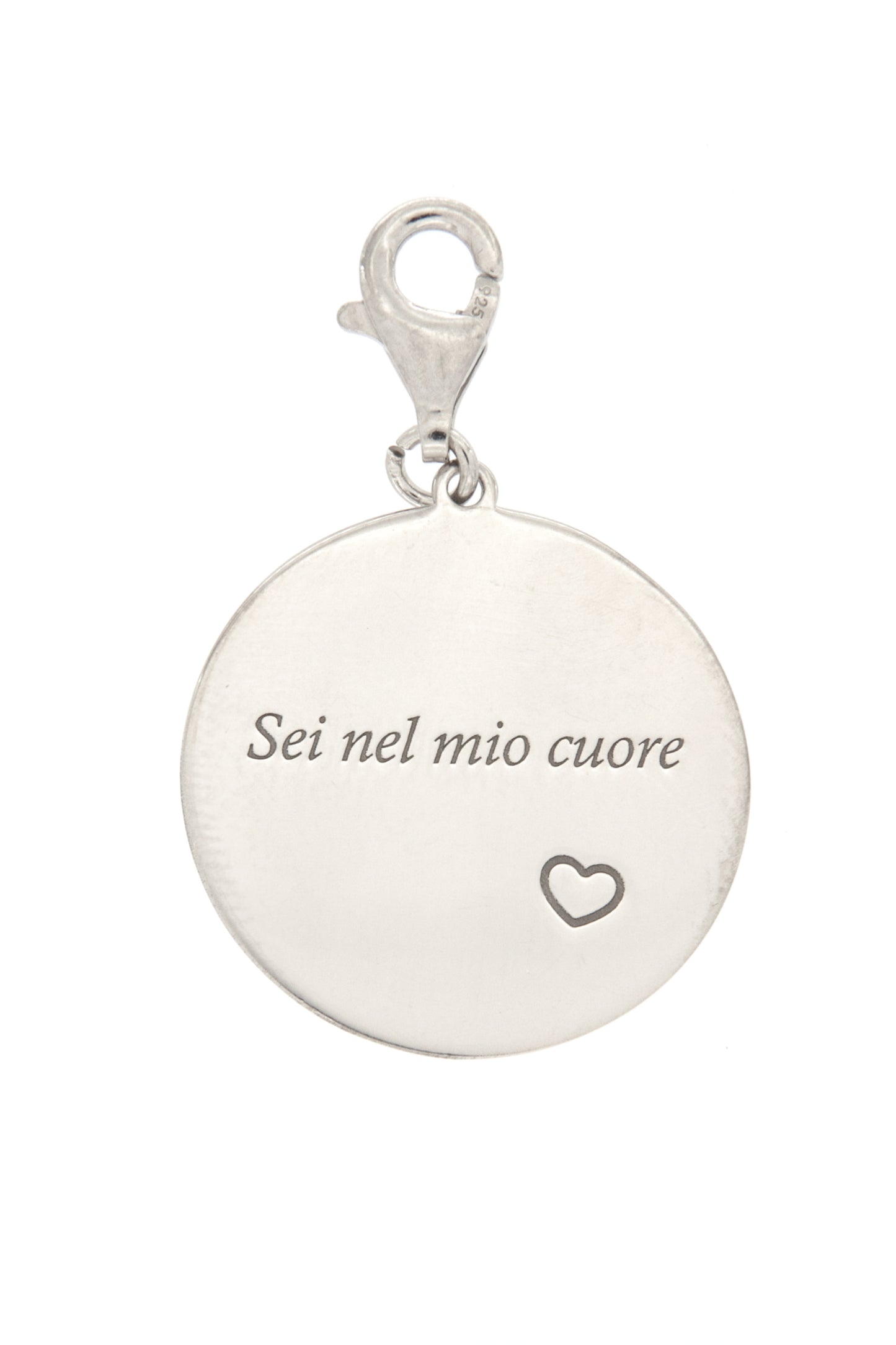 Ciondolo con incisione "Sei nel mio cuore" in argento 925. Diametro 2 cm