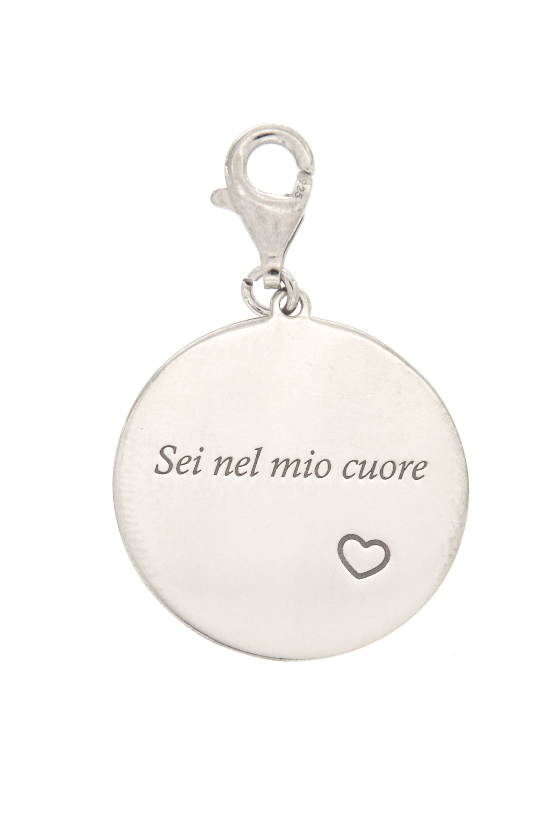 Ciondolo con incisione "Sei nel mio cuore" in argento 925. Diametro 2 cm