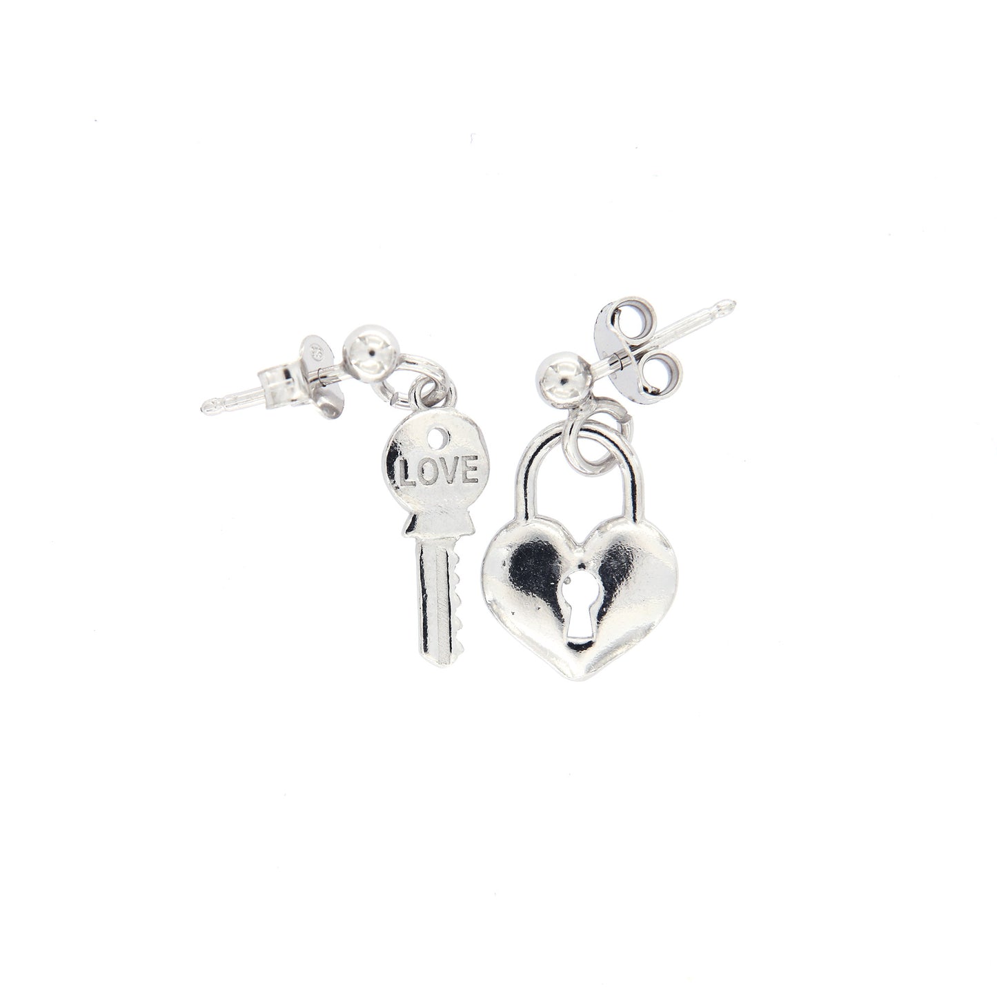 Coppia di orecchini Chiave e Lucchetto in argento 925. Dimensioni 1x0,6 cm
