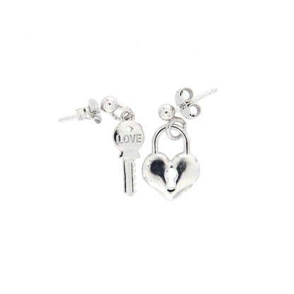 Coppia di orecchini Chiave e Lucchetto in argento 925. Dimensioni 1x0,6 cm