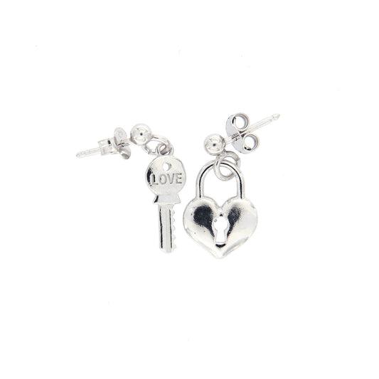 Coppia di orecchini Chiave e Lucchetto in argento 925. Dimensioni 1x0,6 cm