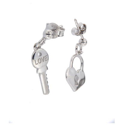 Coppia di orecchini Chiave e Lucchetto in argento 925. Dimensioni 1x0,6 cm