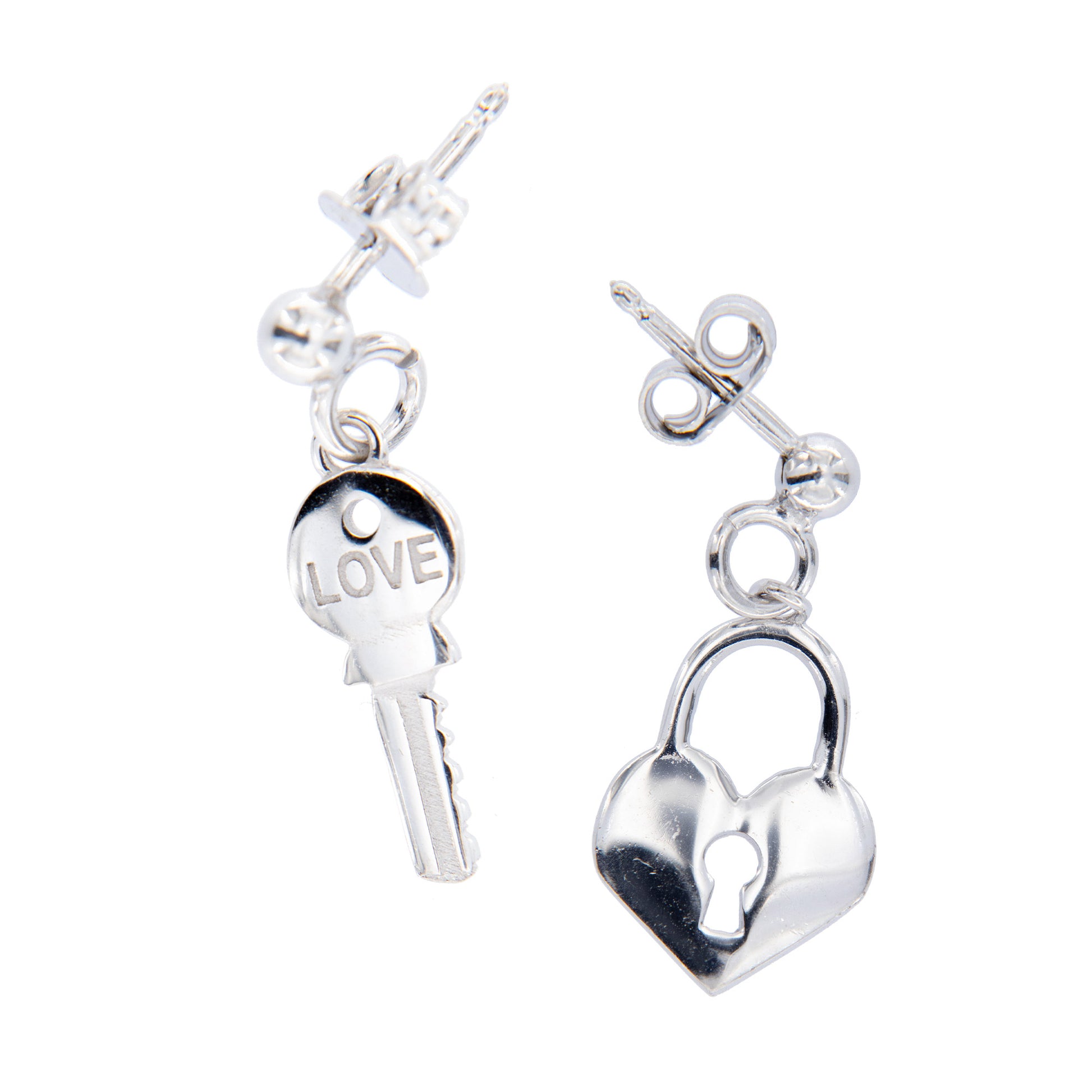 Coppia di orecchini Chiave e Lucchetto in argento 925. Dimensioni 1x0,6 cm