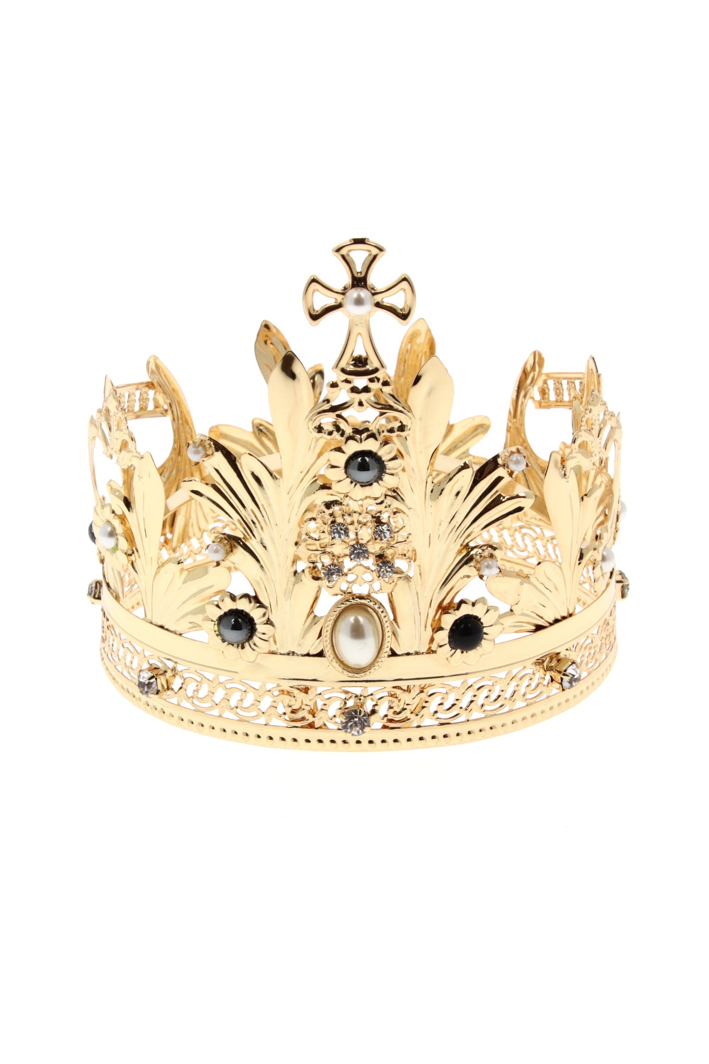 Corona in ottone con perle e strass. Diametro 22 cm