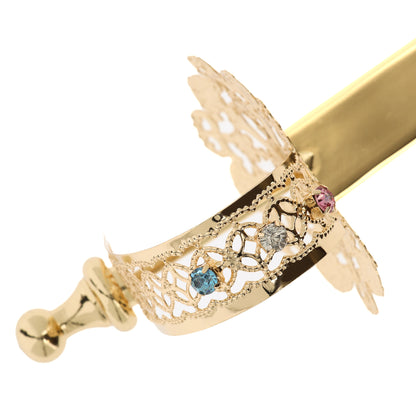 Spada di San Michele in filigrana di ottone oro e strass. Lunghezza 42 cm