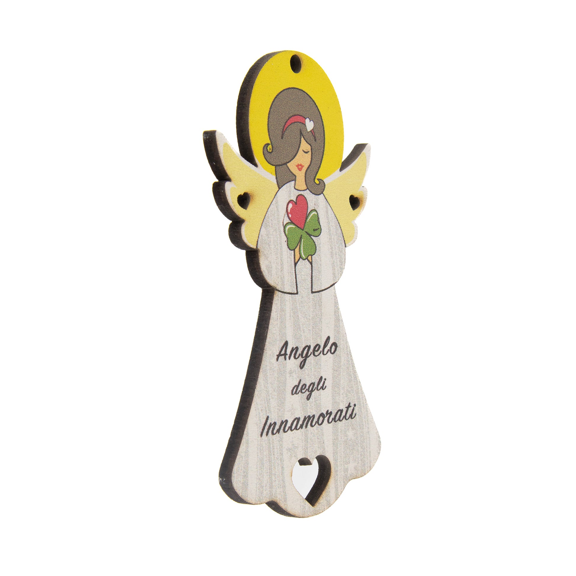 Angelo degli Innamorati in legno con magnete e cordoncino  9x5 cm