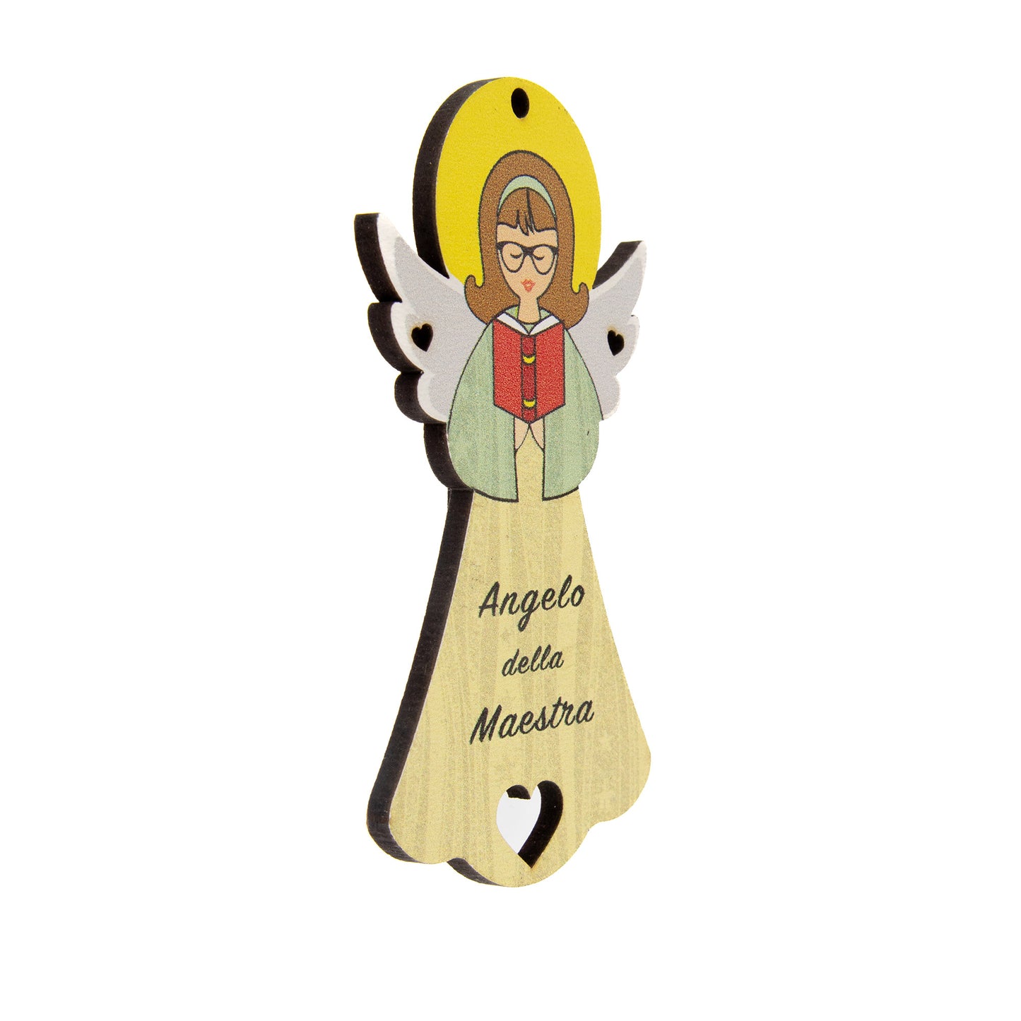 Angelo della Maestra in legno con magnete e cordoncino  9x5 cm
