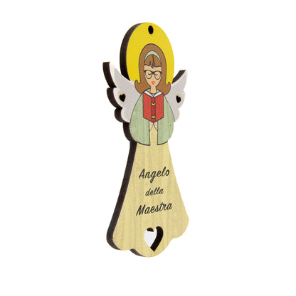 Angelo della Maestra in legno con magnete e cordoncino  9x5 cm