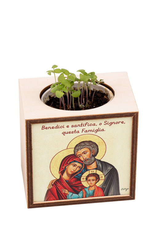 Piantina Kodama in cubo di legno - immagine icona Sacra Famiglia. Dimensioni 10x10 cm