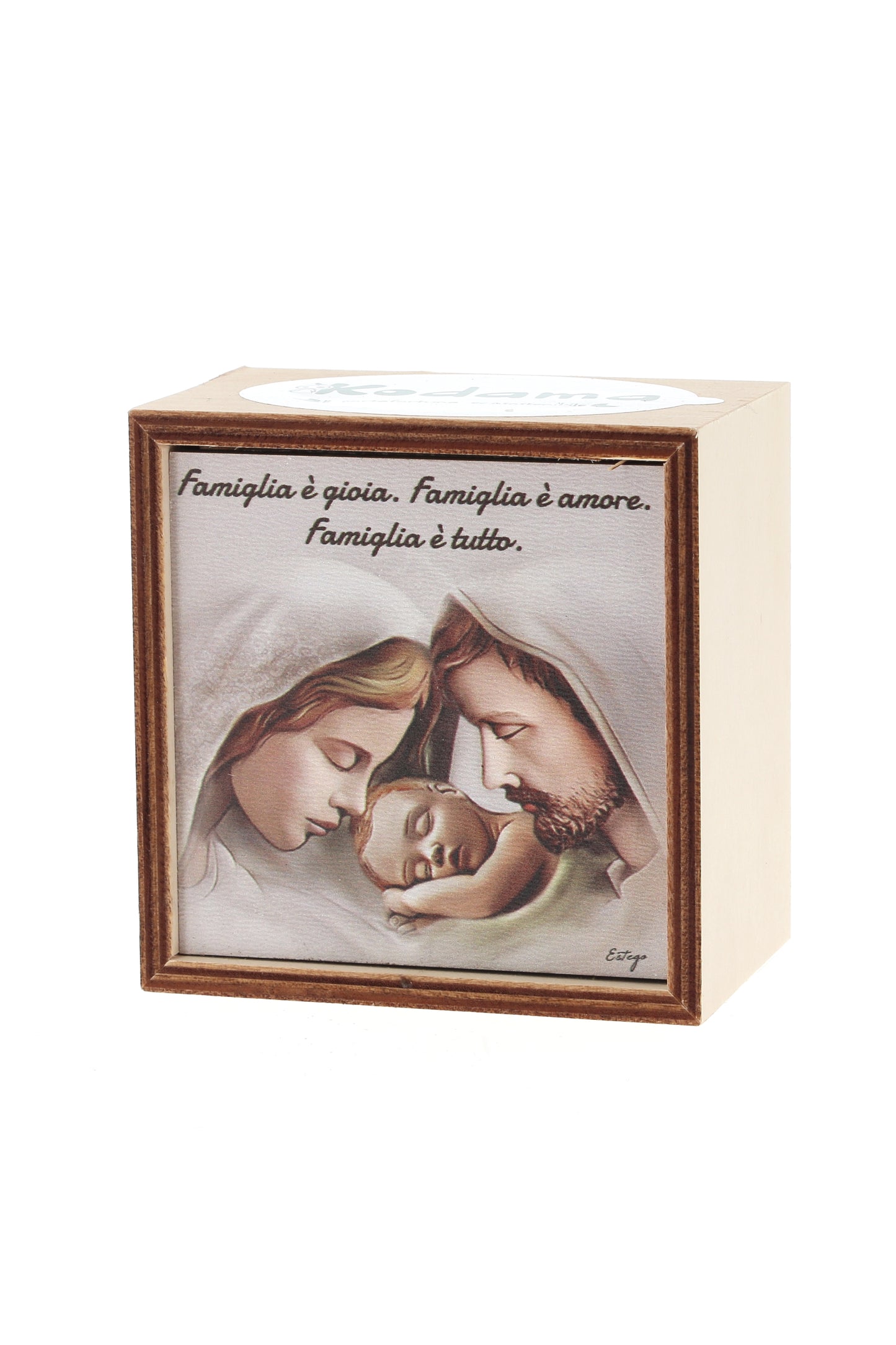 Piantina Kodama in cubo di legno - immagine Sacra Famiglia. Dimensioni 10x10 cm
