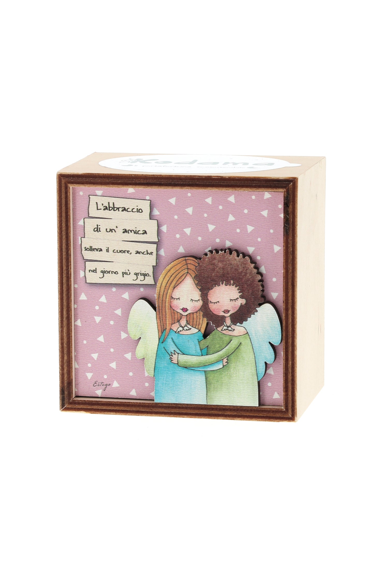 Piantina Kodama in cubo di legno - immagine Amicizia. Dimensioni 10x10 cm