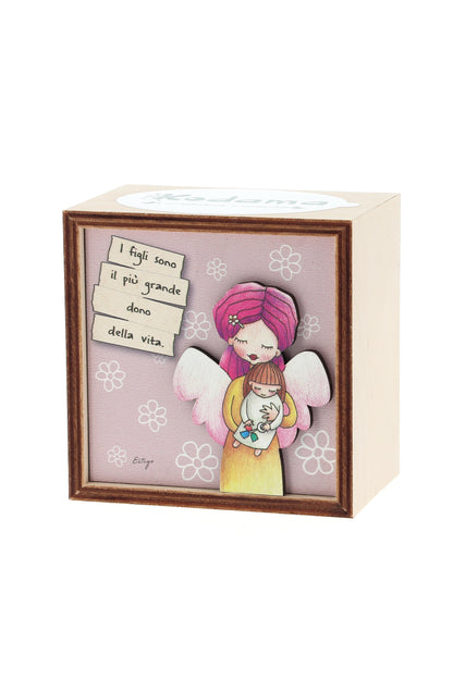 Piantina Kodama in cubo di legno - immagine I figli sono un dono. Dimensioni 10x10 cm