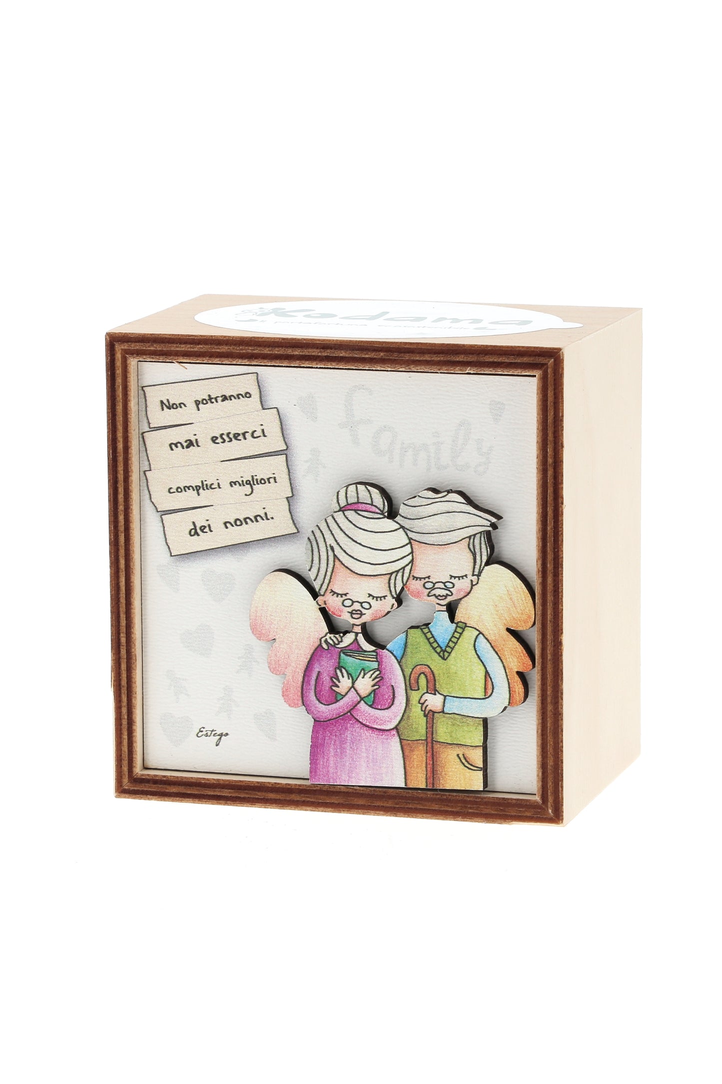 Piantina Kodama in cubo di legno - immagine Nonni. Dimensioni 10x10 cm