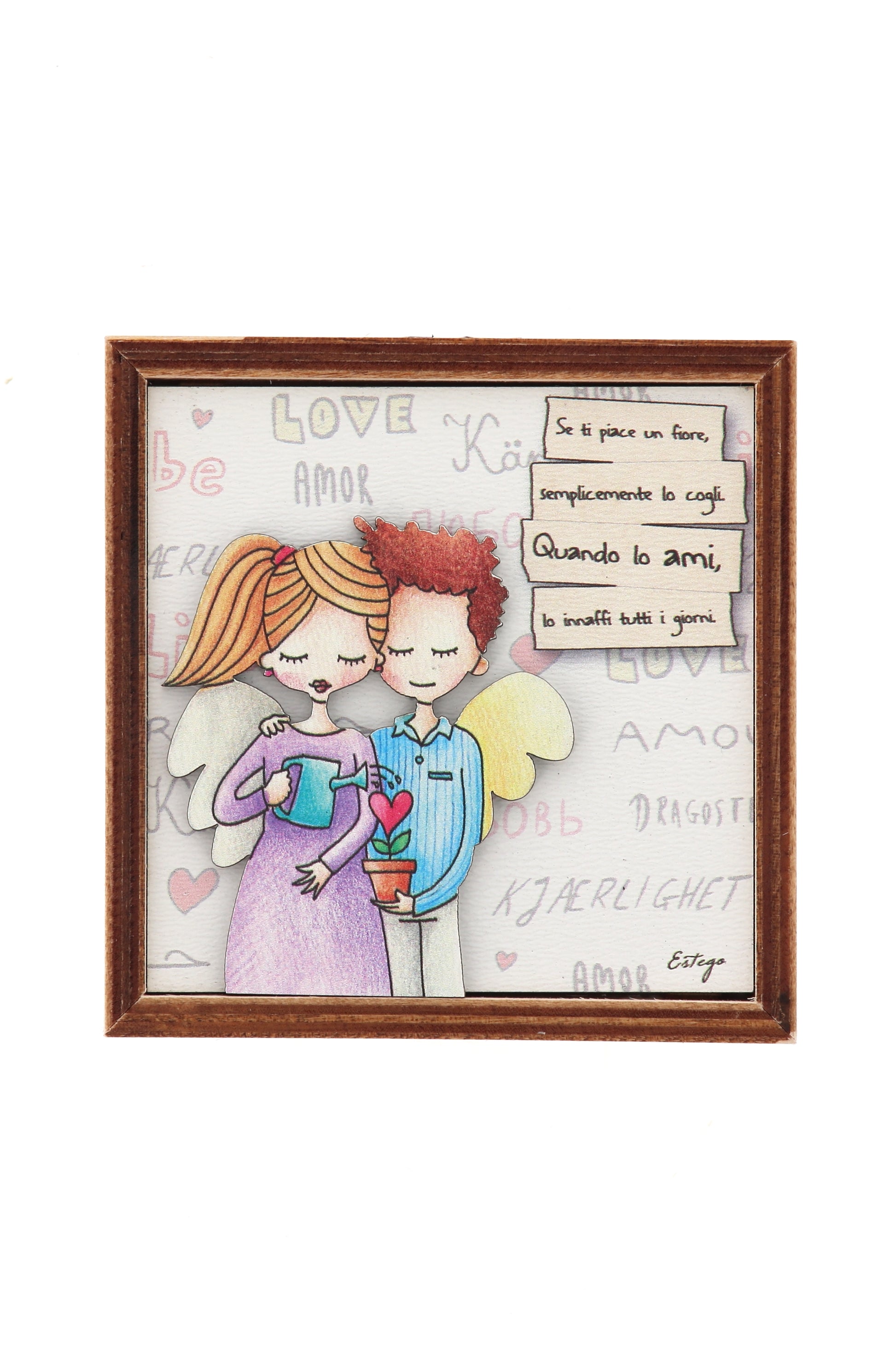 Piantina Kodama in cubo di legno - immagine Amore. Dimensioni 10x10 cm