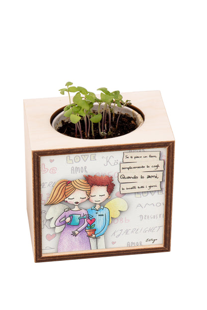 Piantina Kodama in cubo di legno - immagine Amore. Dimensioni 10x10 cm