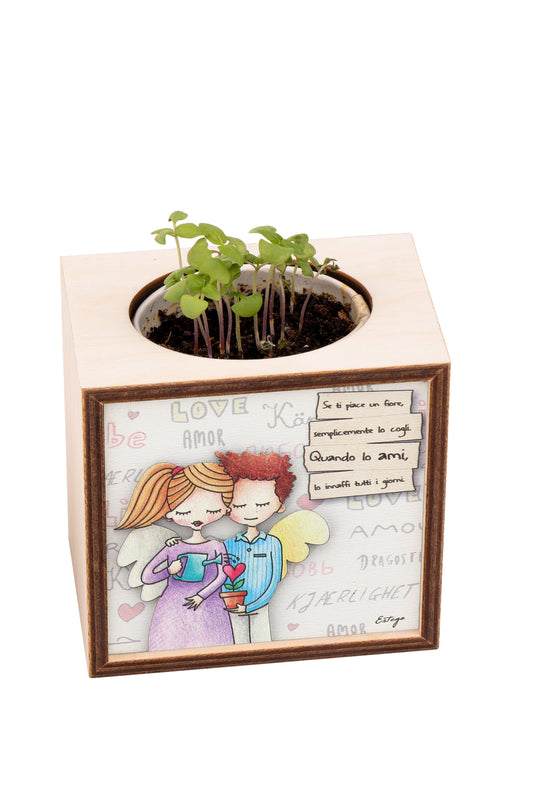 Piantina Kodama in cubo di legno - immagine Amore. Dimensioni 10x10 cm