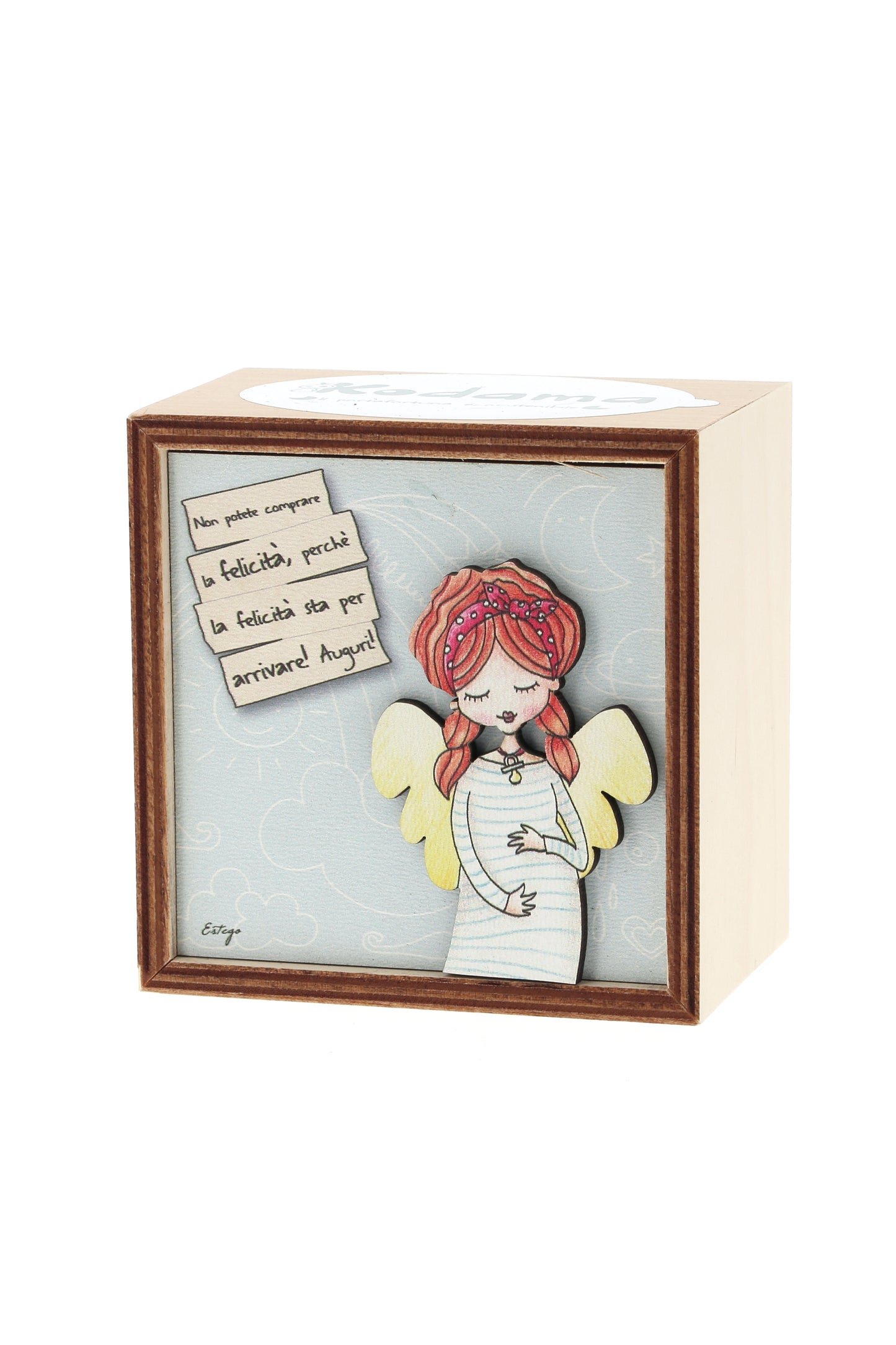 Piantina Kodama in cubo di legno - immagine Nascita. Dimensioni 10x10 cm