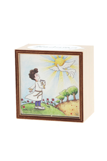 Piantina Kodama in cubo di legno - immagine Comunione bimbo. Dimensioni 10x10 cm
