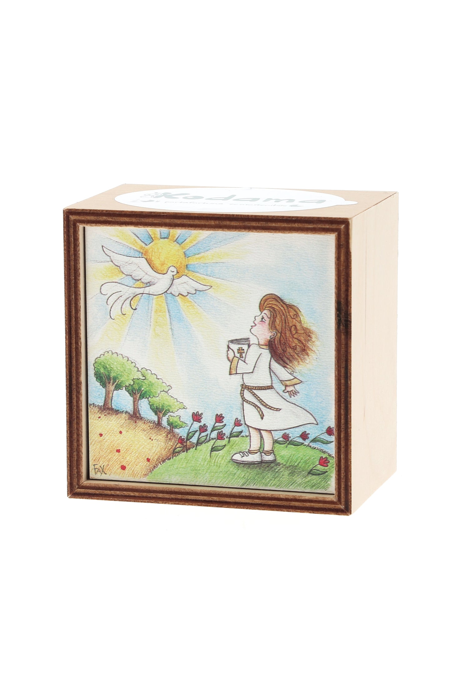 Piantina Kodama in cubo di legno - immagine Comunione bimba. Dimensioni 10x10 cm