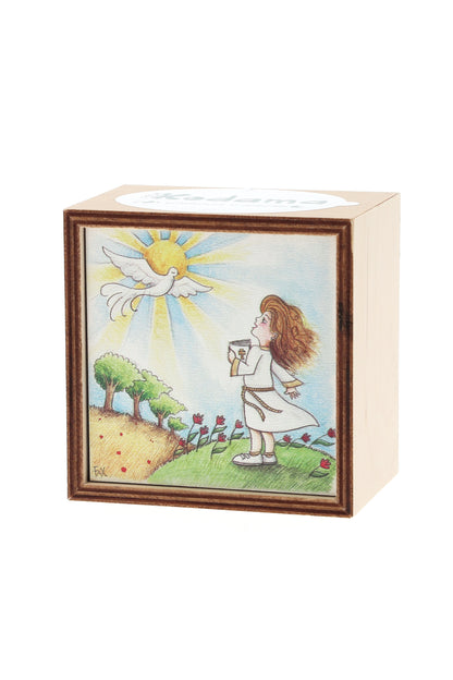 Piantina Kodama in cubo di legno - immagine Comunione bimba. Dimensioni 10x10 cm