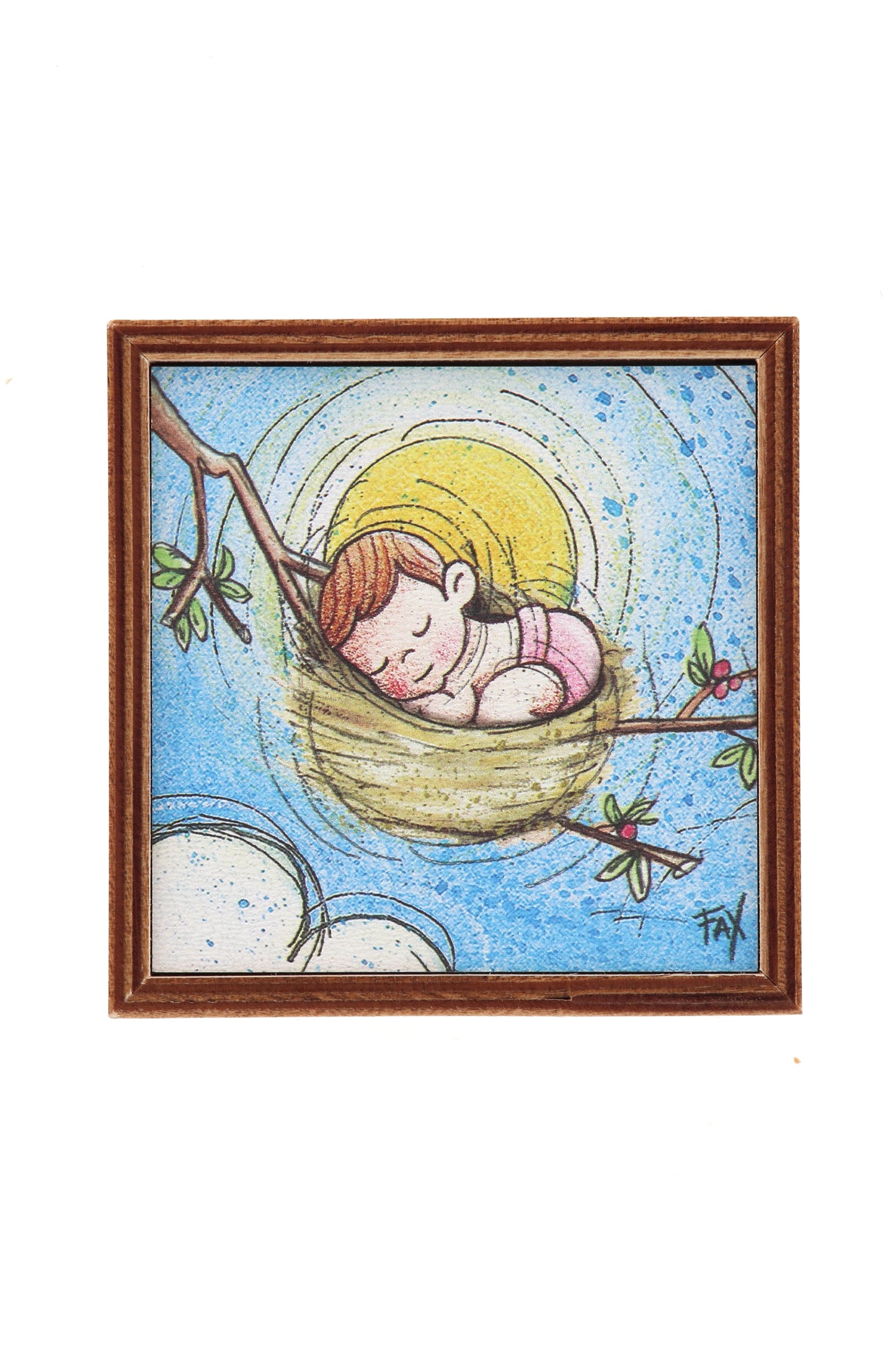Piantina Kodama in cubo di legno - immagine Pulcina nel nido. Dimensioni 10x10 cm
