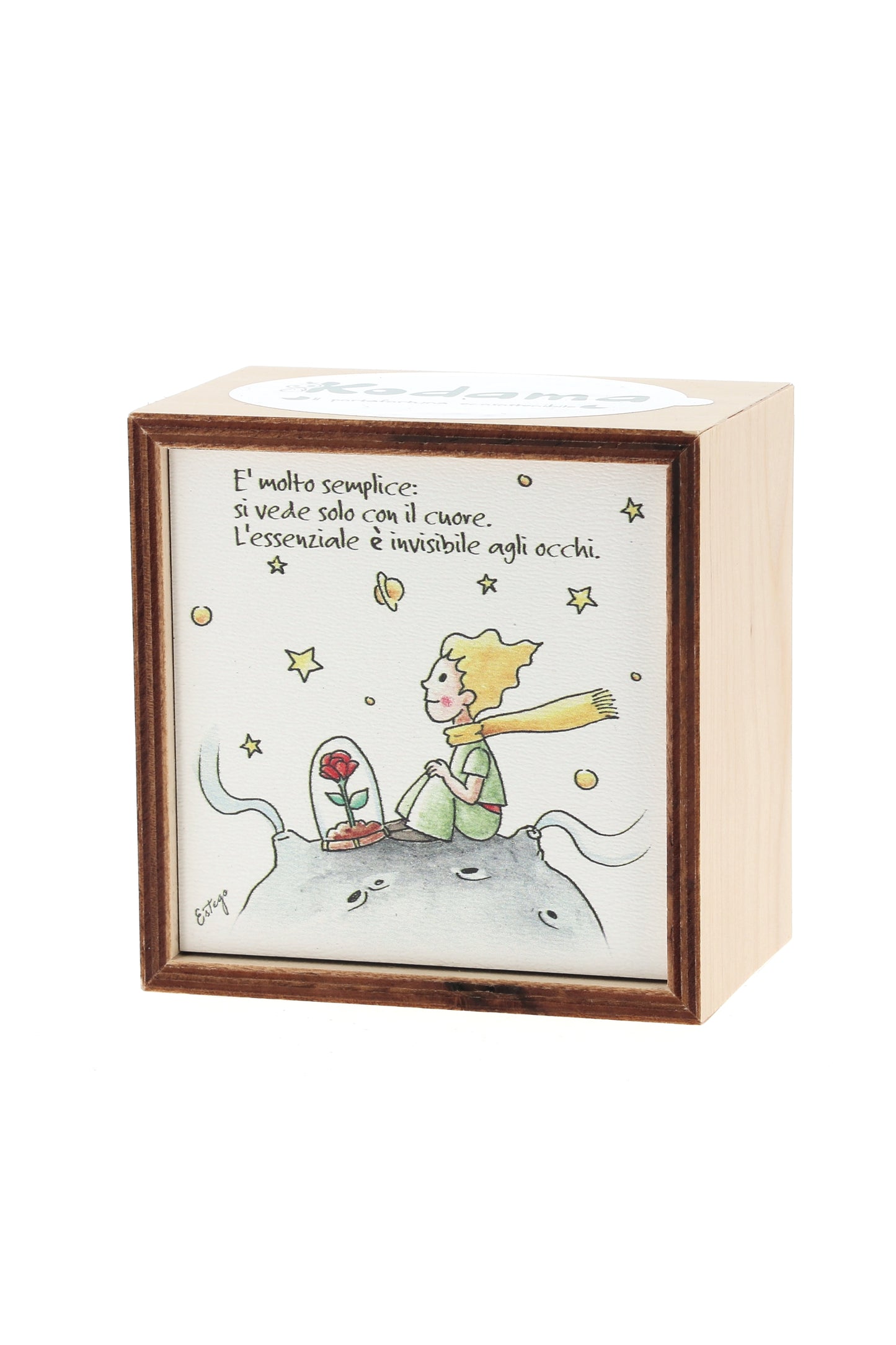 Piantina Kodama in cubo di legno - immagine Piccolo Principe. Dimensioni 10x10 cm