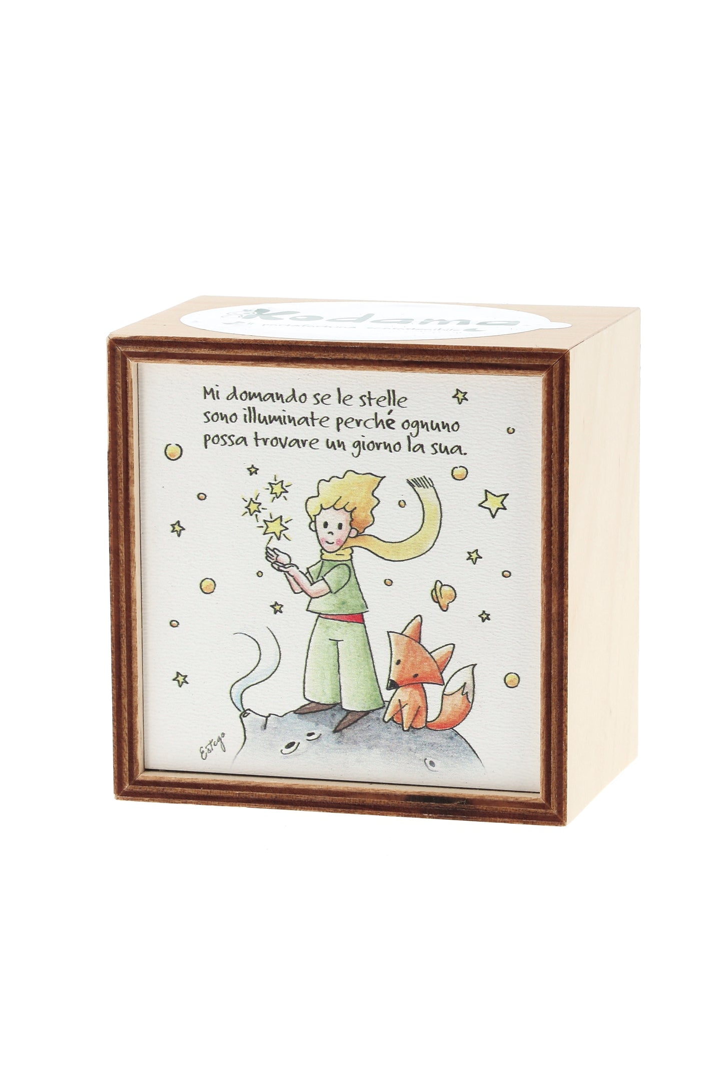 Piantina Kodama in cubo di legno - immagine Piccolo Principe. Dimensioni 10x10 cm