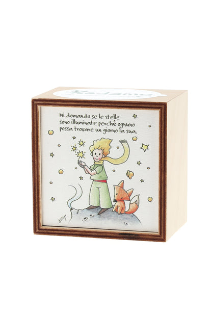 Piantina Kodama in cubo di legno - immagine Piccolo Principe. Dimensioni 10x10 cm