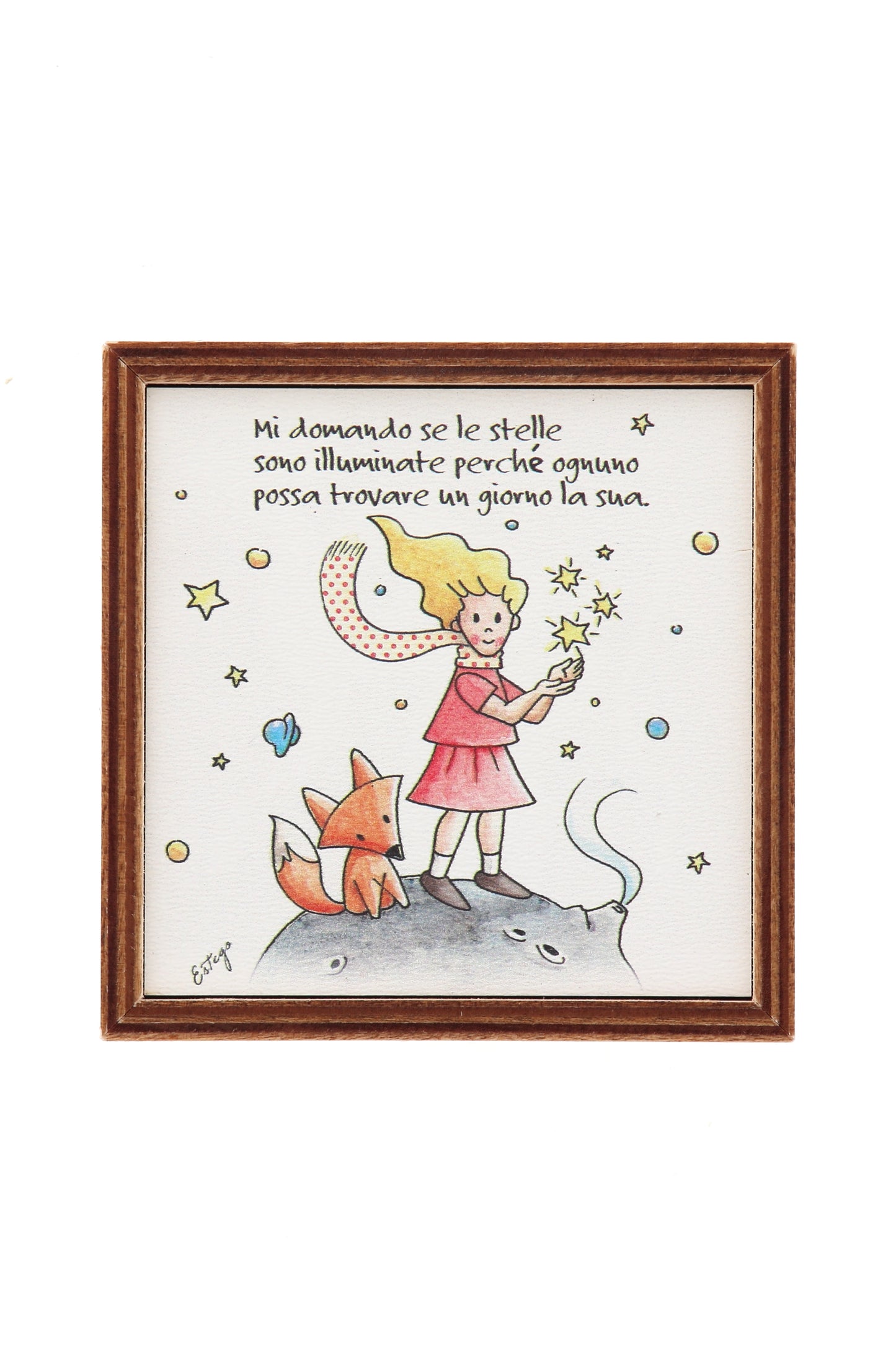 Piantina Kodama in cubo di legno - immagine Piccola Principessa. Dimensioni 10x10 cm