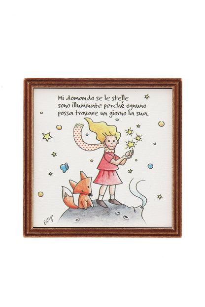 Piantina Kodama in cubo di legno - immagine Piccola Principessa. Dimensioni 10x10 cm